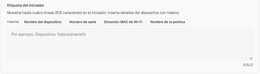 Campo Etiqueta del iniciador vacío, con ayuda, cuatro botones de inserción y contador 0/512