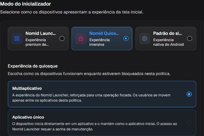 Box Modo do inicializador com tipos de launcher e experiências de quiosque