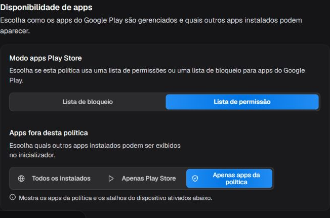 Box Disponibilidade de apps com listas da Play Store e apps externos à política