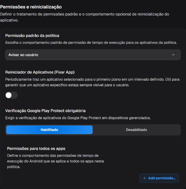 Box Permissões e reinicialização com política padrão, relançador, Play Protect e permissões globais