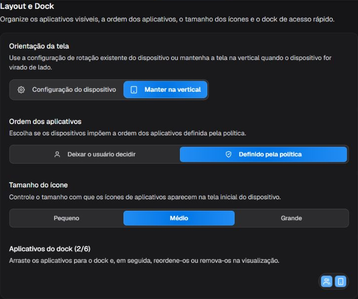 Box Layout e Dock com orientação da tela, ordem dos aplicativos, tamanho dos ícones e apps no dock