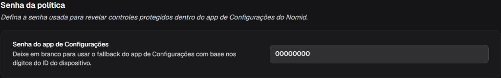 Box Senha da política com o campo Senha do app de Configurações e a orientação de fallback
