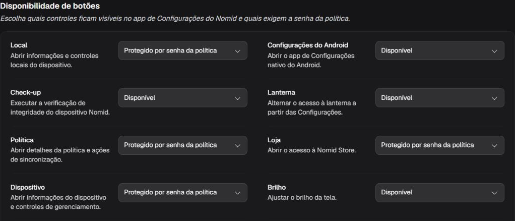 Box Disponibilidade de botões com os oito controles iniciais e seus estados