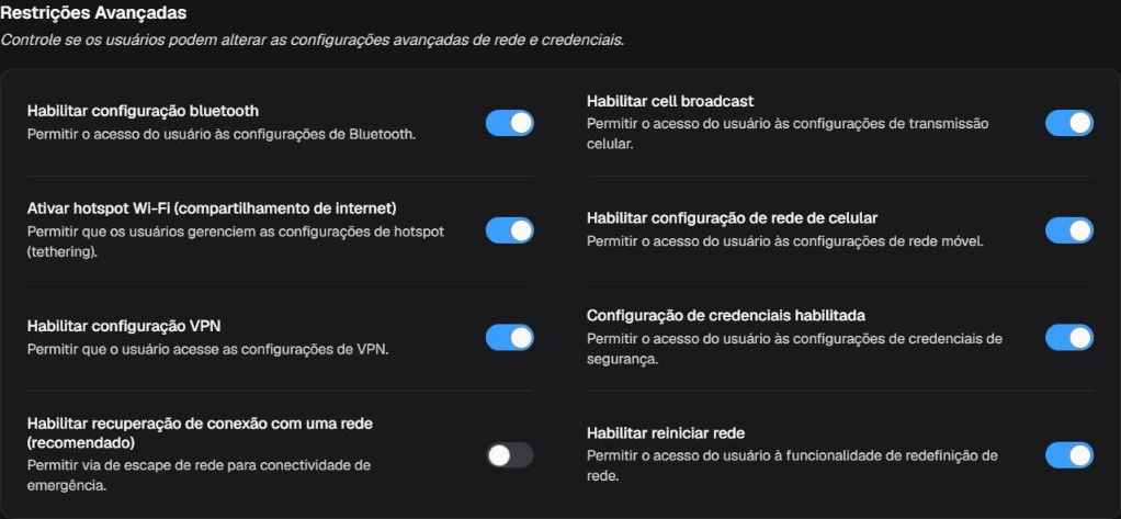 Box Restrições Avançadas com oito controles de acesso a configurações de rede e credenciais
