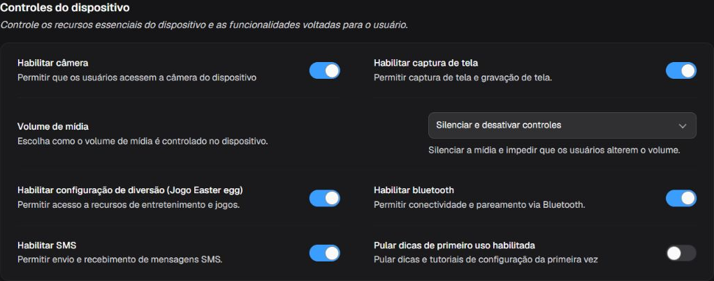 Box Controles do dispositivo com câmera, captura de tela, volume, diversão, Bluetooth, SMS e dicas iniciais