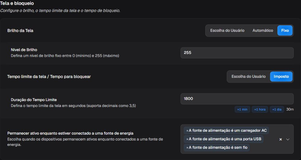 Box Tela e bloqueio com modos de brilho, tempo limite e fontes de energia para manter a tela ativa