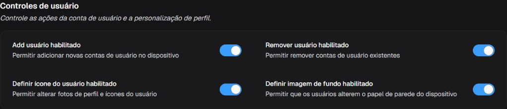 Box Controles de usuário com permissões para adicionar e remover usuários, definir ícone e papel de parede