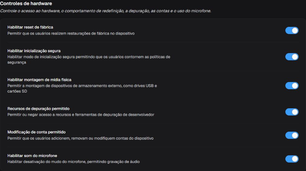 Box Controles de hardware com seis restrições de redefinição, inicialização, mídia, depuração, contas e microfone