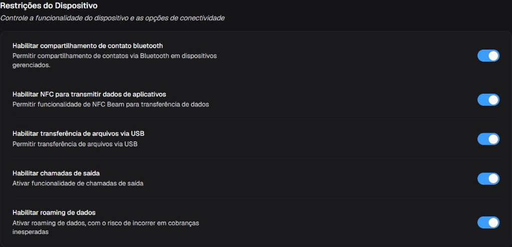 Box Restrições do Dispositivo com controles de Bluetooth, roaming, NFC, chamadas e USB