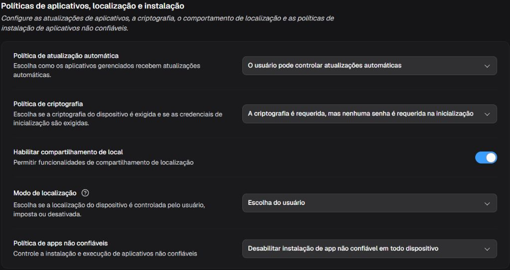Box Políticas de aplicativos, localização e instalação com cinco linhas para atualização, criptografia, localização e apps não confiáveis