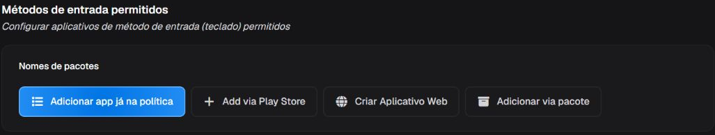 Box Métodos de entrada permitidos sem aplicativos configurados e com quatro ações para adicionar um método