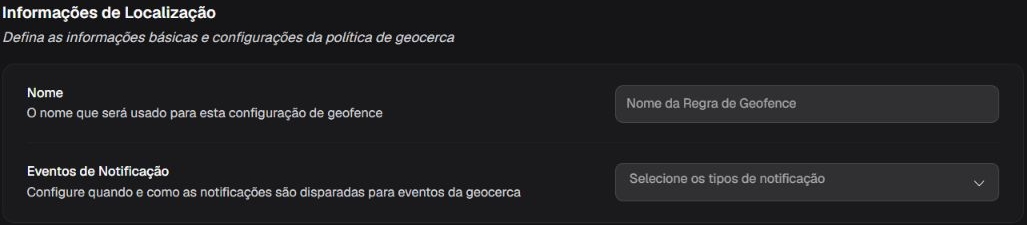 Box Informações de Localização com os controles Nome e Eventos de Notificação vazios
