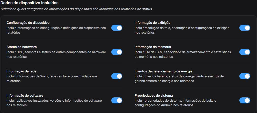 Box Dados do dispositivo incluídos com oito categorias de informações do relatório
