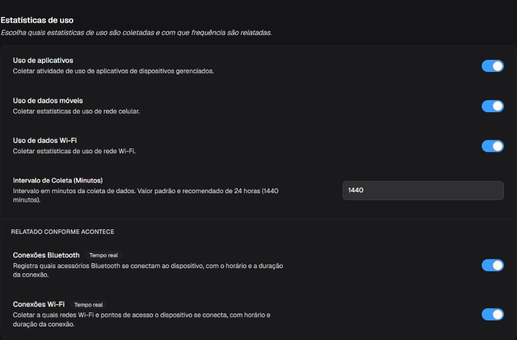 Box Estatísticas de uso com três coletores periódicos, intervalo e dois coletores por eventos