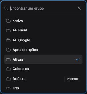 Seletor de grupos com busca vazia, Ativas marcado e botão X para fechar.
