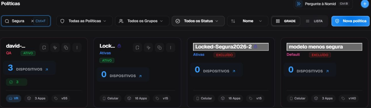 Pesquisa, filtros e ordenação da lista de políticas