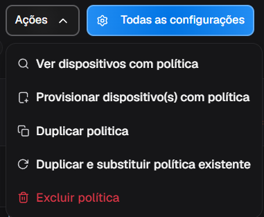 Menu Ações aberto ao lado de Todas as configurações