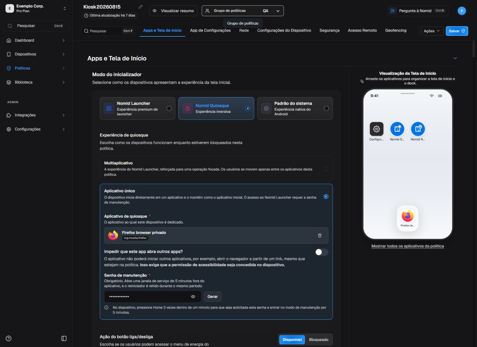 Editor de política com navegação e ações
