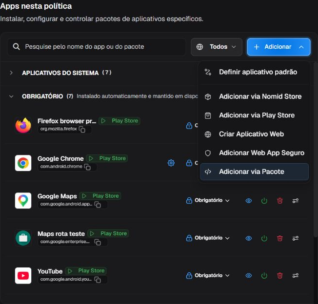Lista de aplicativos já incluídos, pesquisa, origem e ações
