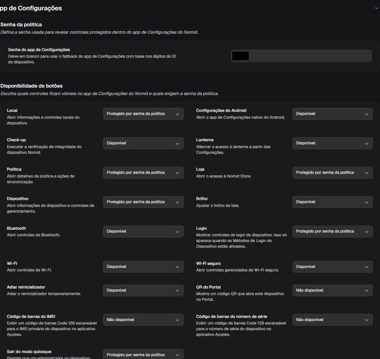Controles do app Configurações Nomid