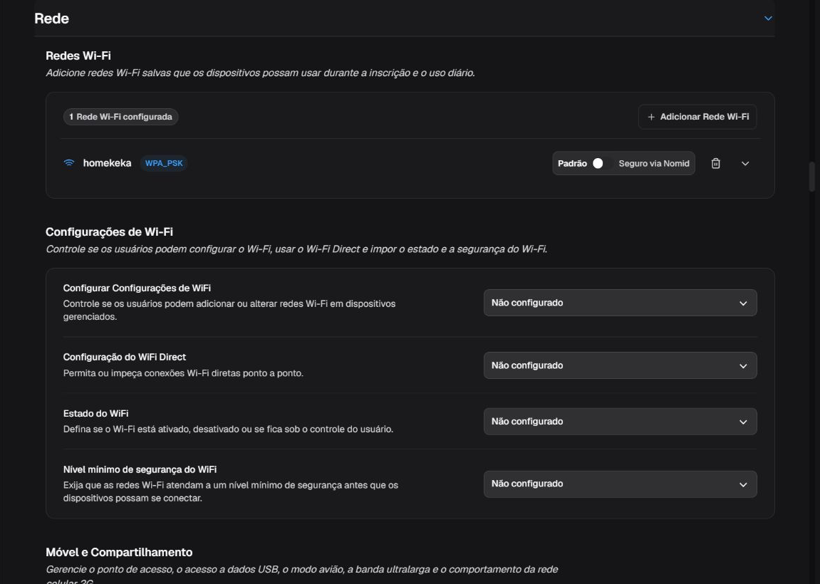 Abertura da área Rede com redes Wi-Fi e configurações iniciais