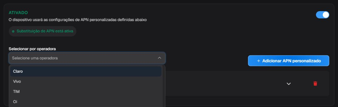 Substituição de APN e seletor de operadora