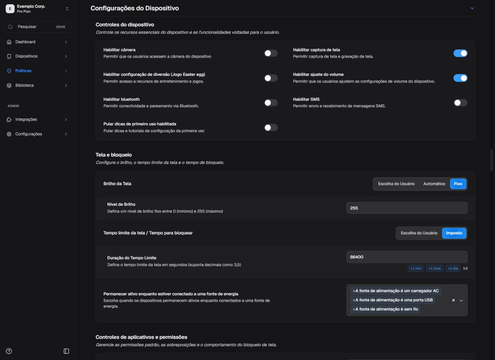 Controles do dispositivo no editor