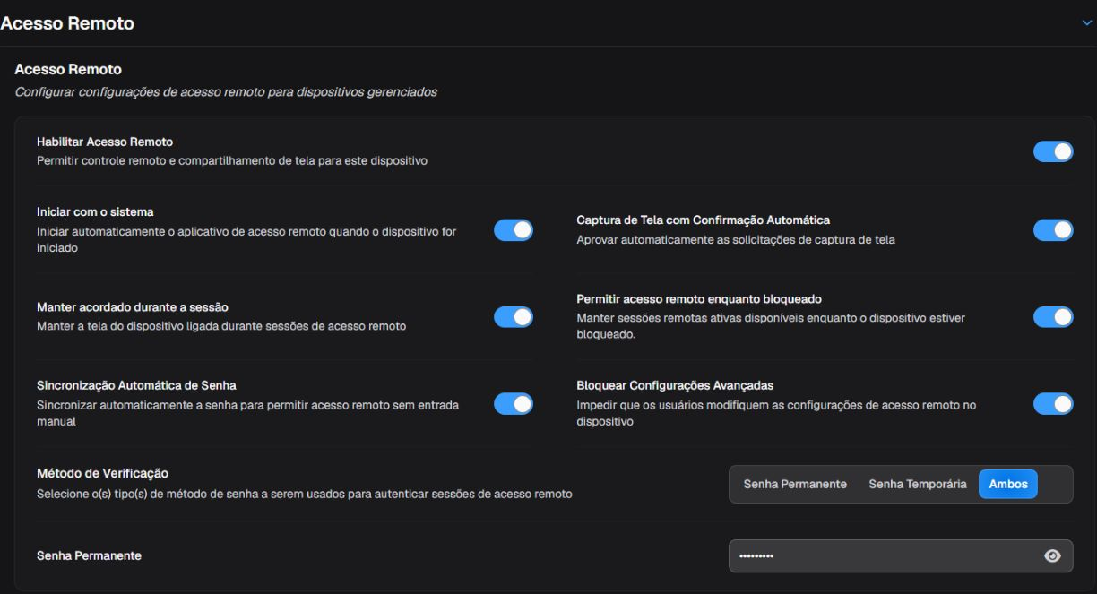 Configurações de acesso remoto da política