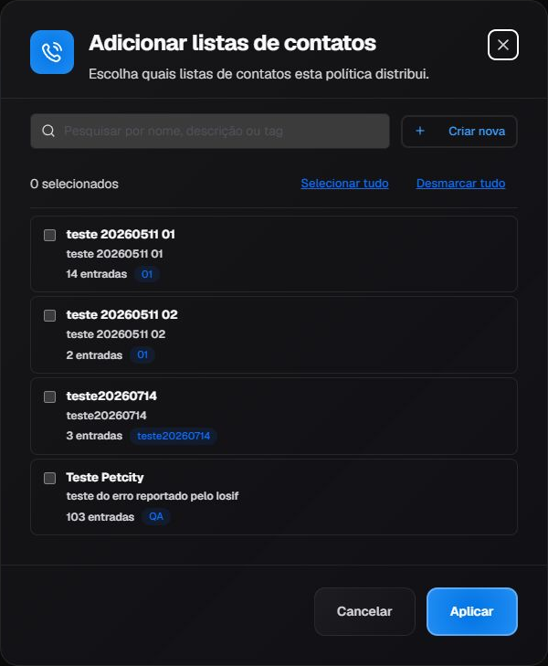 Modal de seleção de listas de contatos antes de aplicar a associação à política