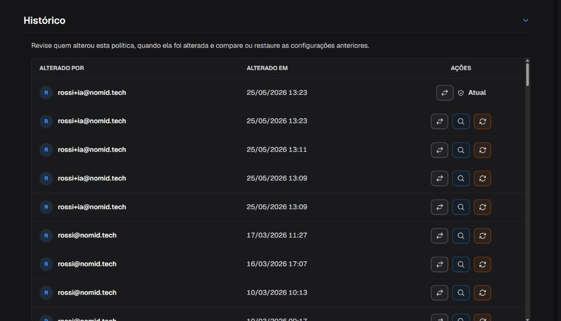 Abertura do Histórico com versões e ações disponíveis