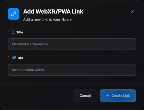 Empty Add WebXR/PWA Link form with Title, URL, Cancel and Create Link.