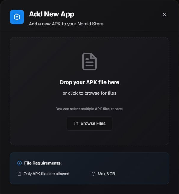 Upper portion of the Add New App dialog with the empty APK drop area, Browse Files, visible file requirements, and no lower action row shown