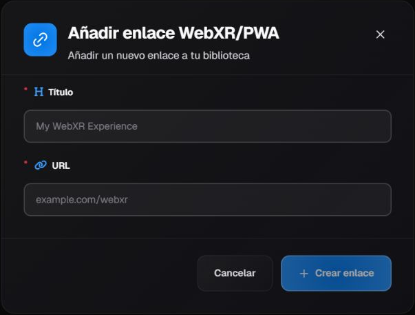 Formulario vacío Añadir enlace WebXR/PWA, con Título, URL, Cancelar y Crear enlace.