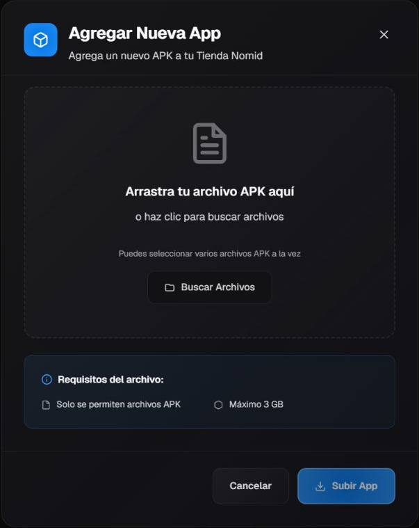 Modal Agregar nueva aplicación con área vacía de APK, Browse Files, Cancelar y Subir App