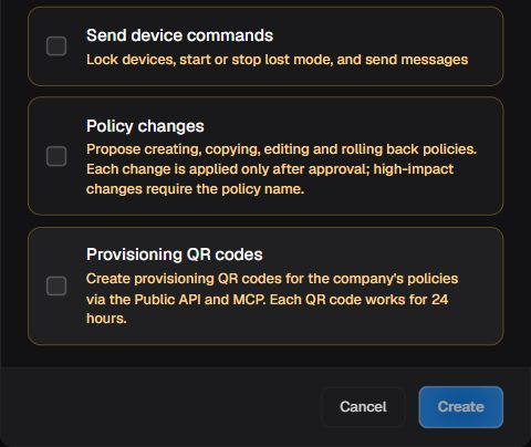 Continuation of the API key form after scrolling, with complete descriptions of the three unchecked sensitive scopes and exit controls.