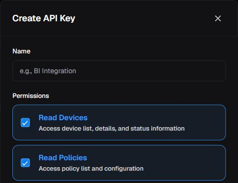 API key creation form with an empty name and device and policy read scopes checked.