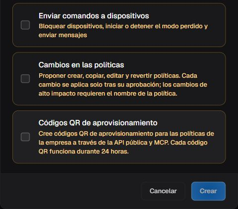 Continuación del formulario de clave API tras desplazarse, con las descripciones completas de los tres permisos sensibles desmarcados y los controles de salida.