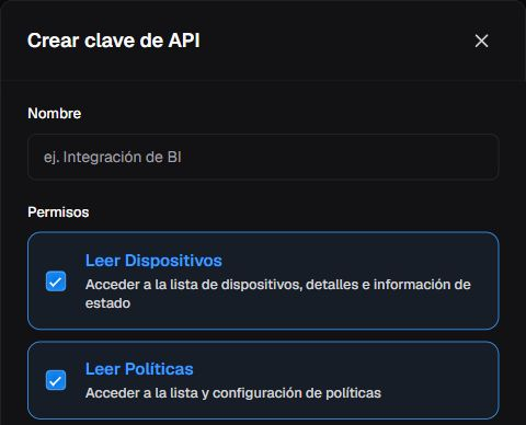 Formulario de creación de clave API con nombre vacío y permisos de lectura de dispositivos y políticas marcados.