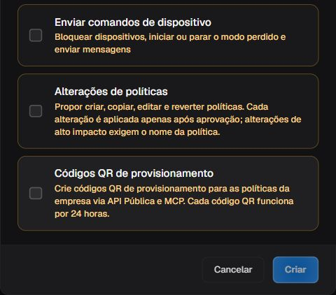 Continuação do formulário de chave API após rolagem, com descrições dos três escopos sensíveis, desmarcados, e controles de saída.