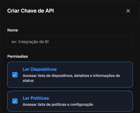 Formulário de criação de chave API, com nome vazio e opções de leitura de dispositivos e políticas marcadas.