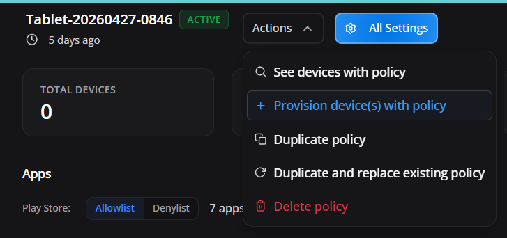 Ação Provision device(s) with policy