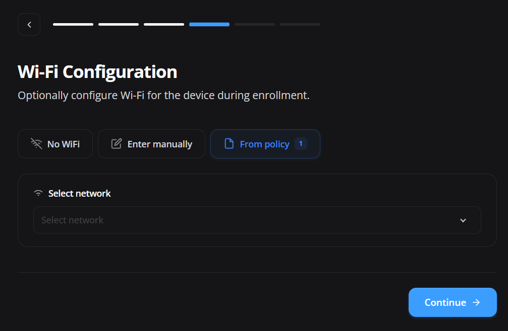 Opções de Wi-Fi durante o enrollment