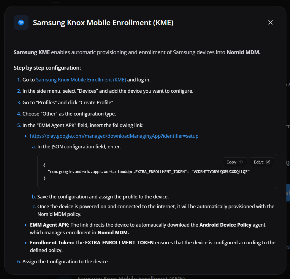 Configuração detalhada do Samsung KME