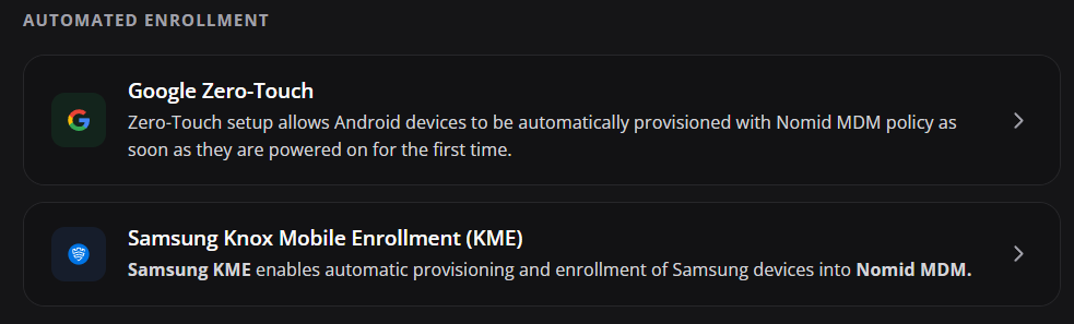 Opções Google Zero-touch e Samsung KME