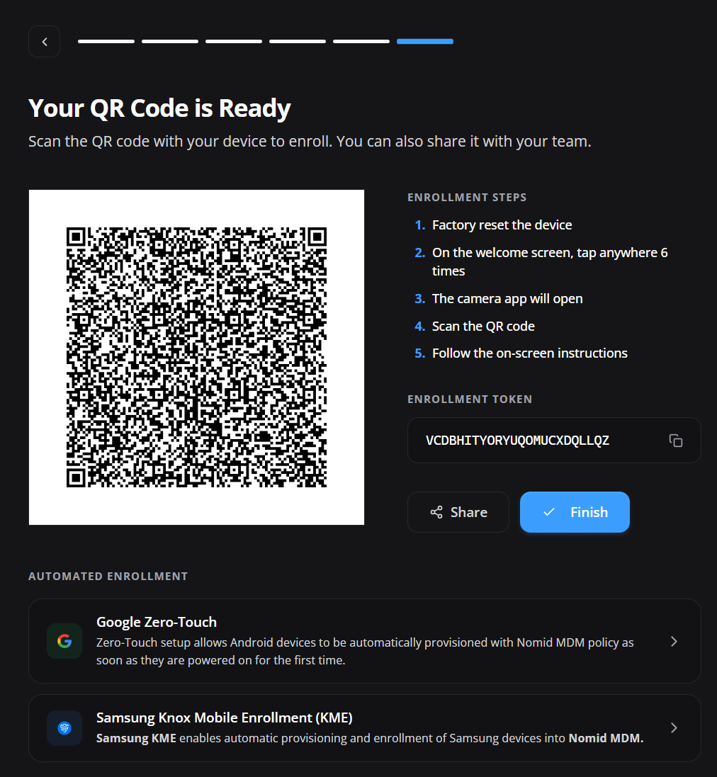 QR code, token e opções de enrollment gerados
