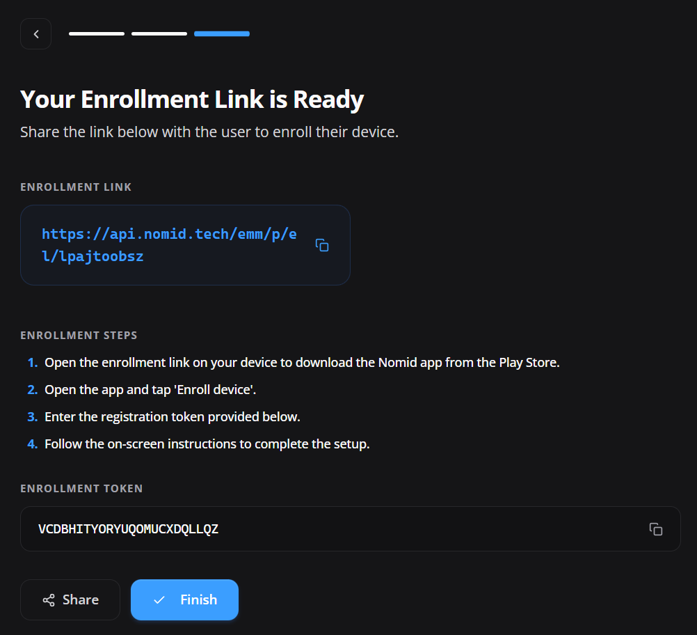 Link e token para enrollment do Android Personal