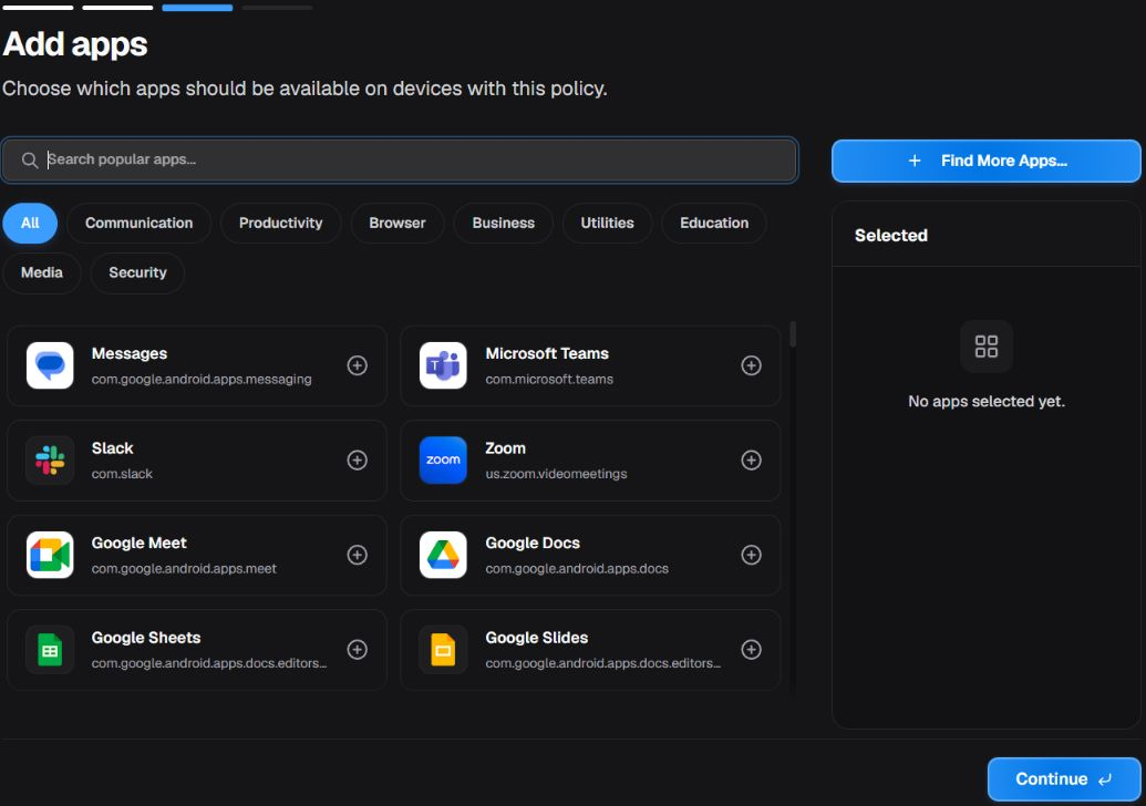 Add apps step with no application selected