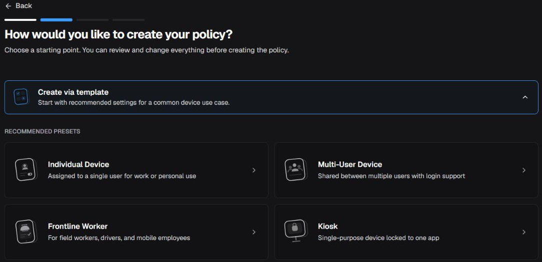 Android templates visible under Create from template