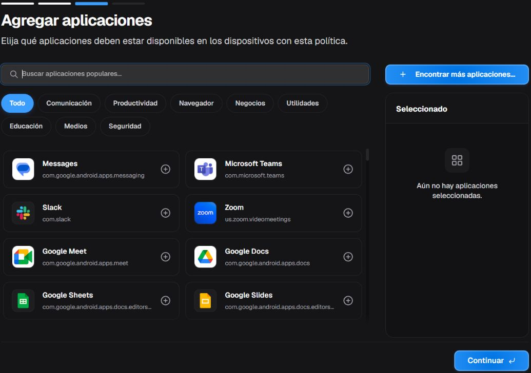 Paso Añadir aplicaciones sin aplicaciones seleccionadas