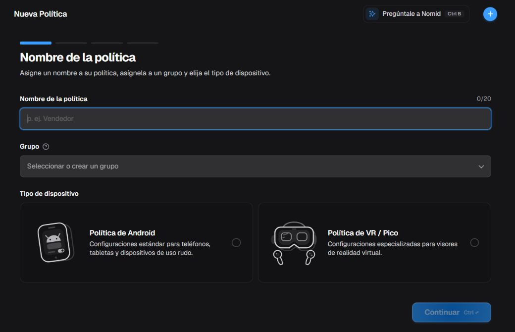 Formulario inicial de New policy, con texto de ejemplo en el campo de nombre, sin grupo ni plataforma seleccionados y Continue deshabilitado